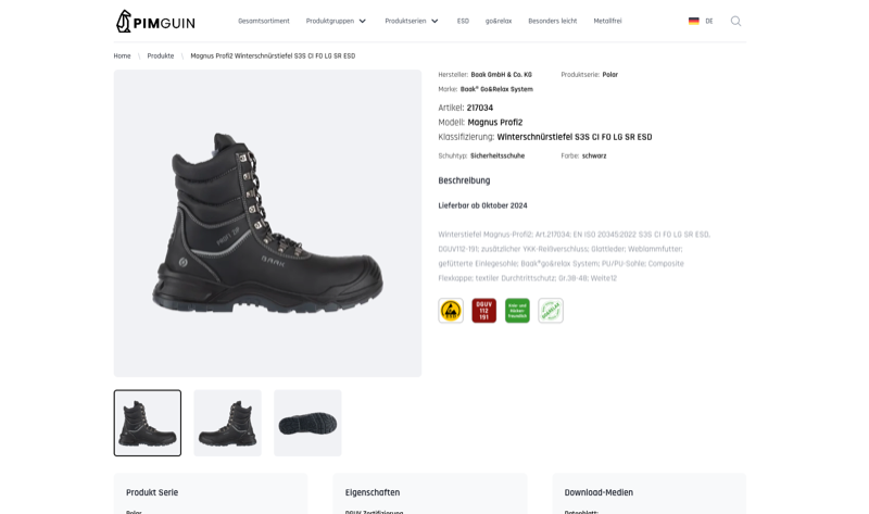 PIMGUIN Produktdetailseite im Browser mit Materialien, Varianten und Eigenschaften