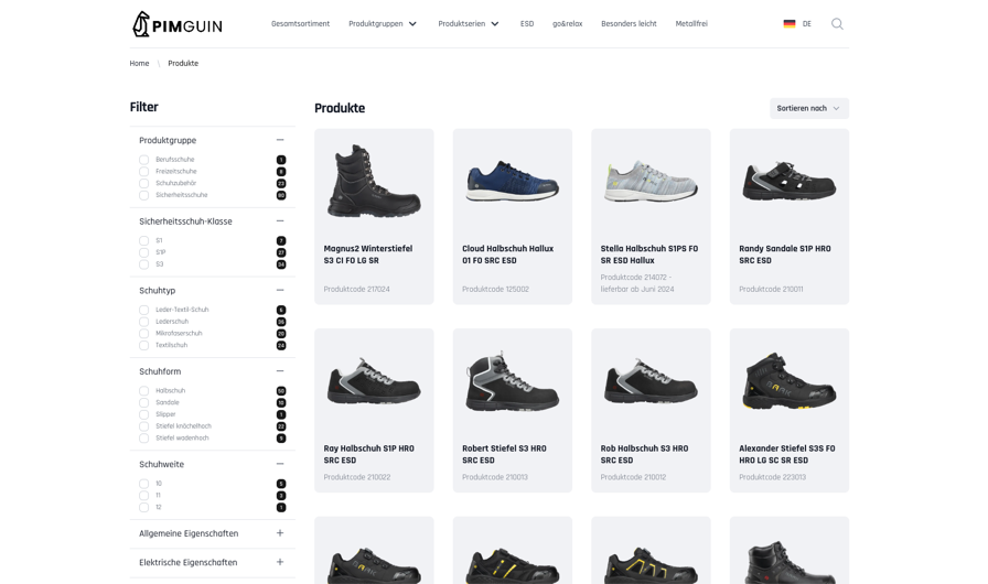 PIMGUIN StoreFront im Browser, Produktübersicht mit Filtern und Suche